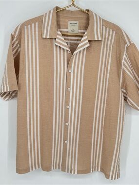 Massive Luxury Men's Short Sleeve Beige Stripe Button-Up Shirt 100% Cotton‎ M